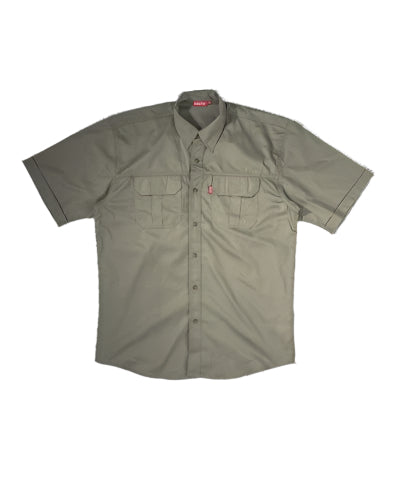 Green short-sleeve shirt with button details on a black background