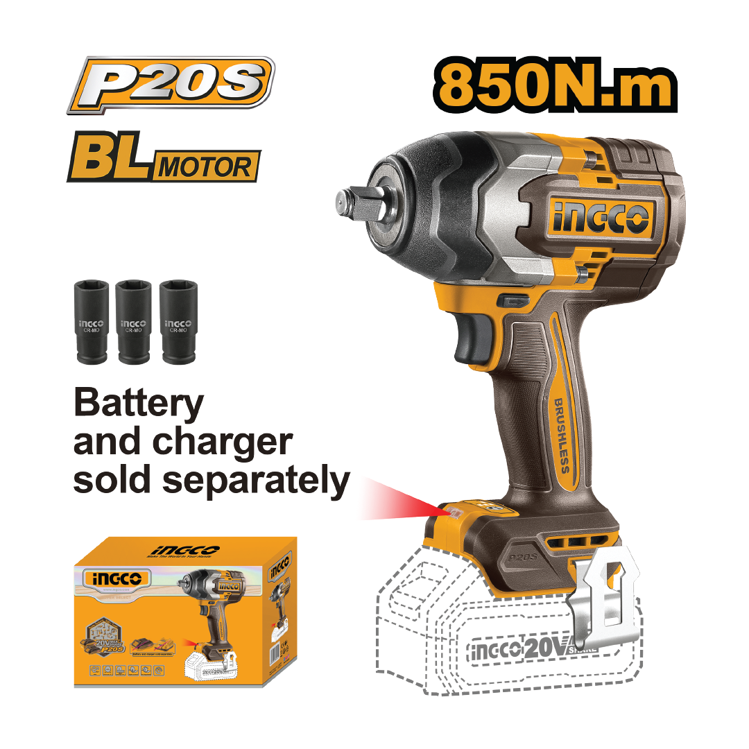 INGCO BRUSHLESS WRENCH 850NM IMP 20V PS C/L